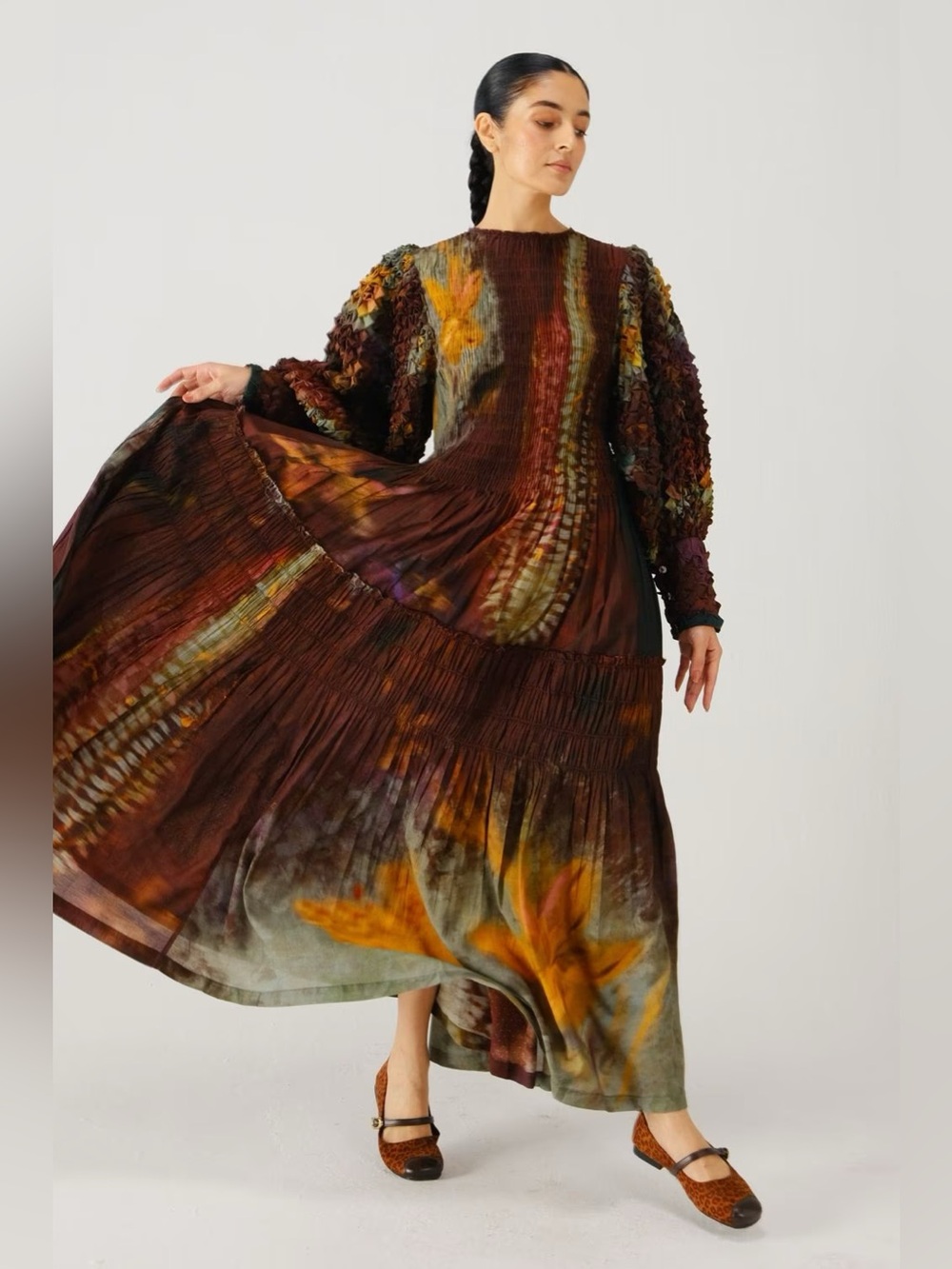 CORD Studio Brown Cotton Silk Printed Hand-Smocked Maxi Dress